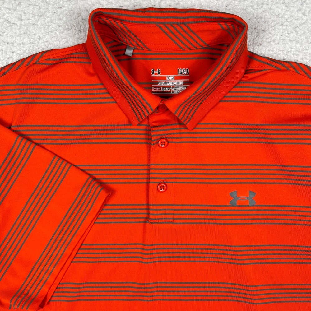 Under Armour Polo Shirt Mens Large Orange Striped HeatGear Athletic Golf 1248089